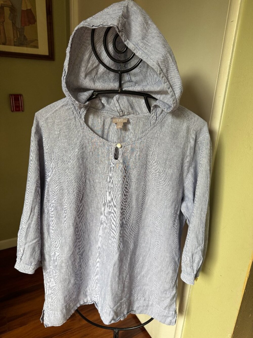 J Jill women top/blouse hoody linen/cotton blend thin gray striped oversize 3/4